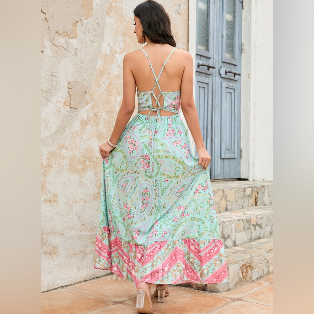 JJ’s House Floral Maxi Dress in Green and Pink Size Large NWT💗 - Picture 6 of 10